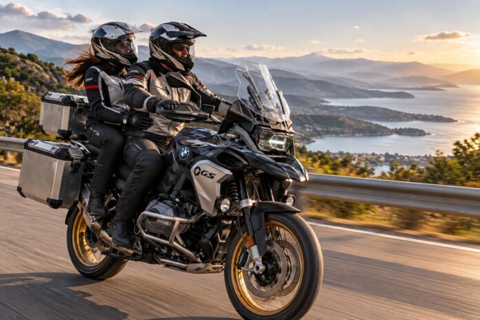 Aventura en motocicleta al atardecer