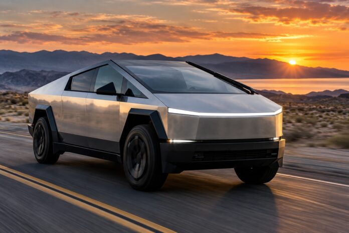 Camioneta futurista al atardecer en el desierto