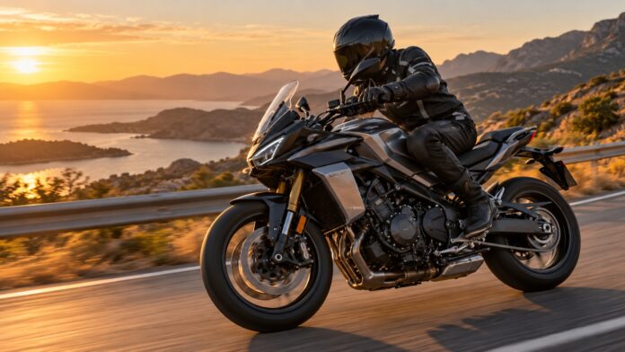 Motorista trazando una curva al atardecer
